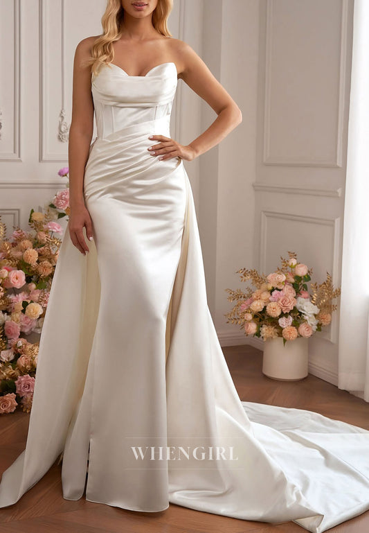 Sheath Satin Sleeveless Strapless Pleated Wedding Dress with Removable Train Side Slit