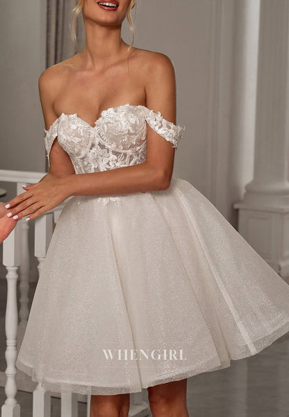 A-Line Off Shoulder Appliqued Corset Lace Up Short Wedding Dress