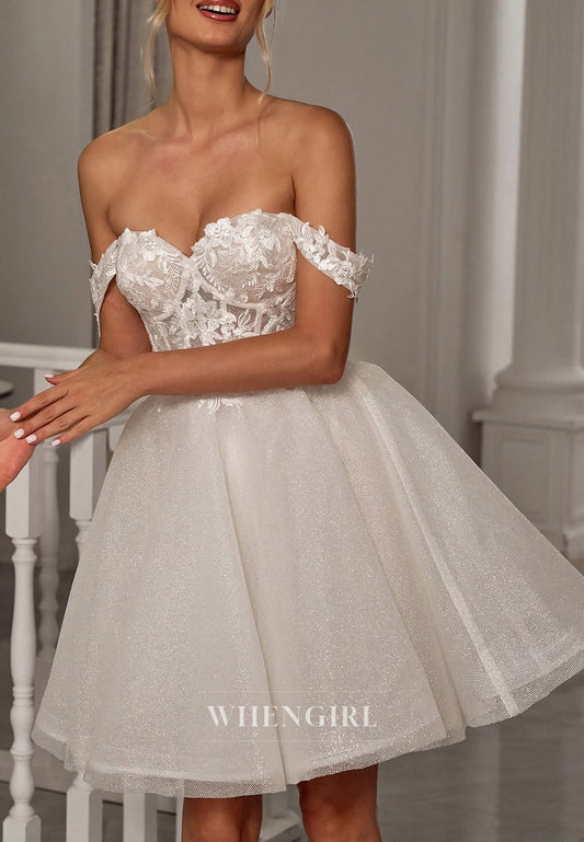 A-Line Off Shoulder Appliqued Corset Lace Up Short Wedding Dress