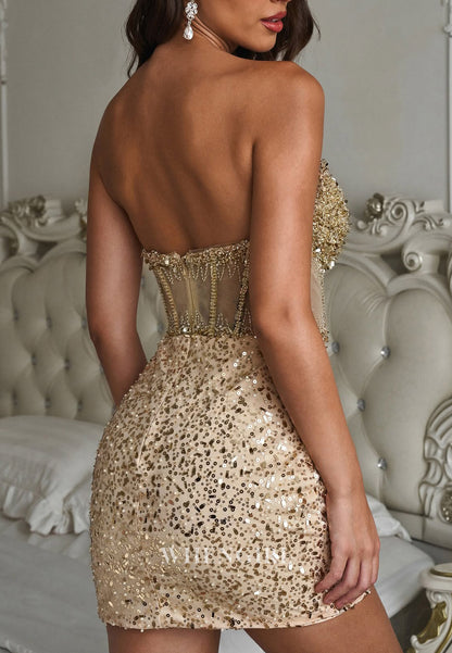 Gold V Neck Beaded Corset Sequins Back Zipper Sheath Sleeveless Short Homecoming Dress