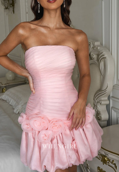Light Pink Tube Top Pleated Sleeveless 3D Flowers Bubble Hem Sheath Short Homecoming Dress