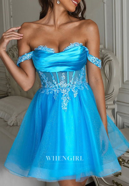 Ocean Blue Off Shoulder Pleated Appliqued Corset A-Line Short Homecoming Dress