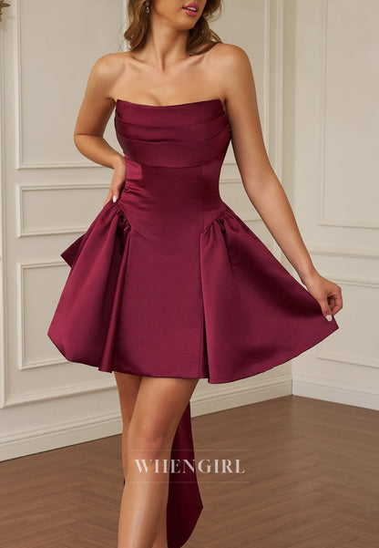 A-Line Burgundy Sleeveless Pleated Strapless Bowknot Lace Up Short Homecoming Dress