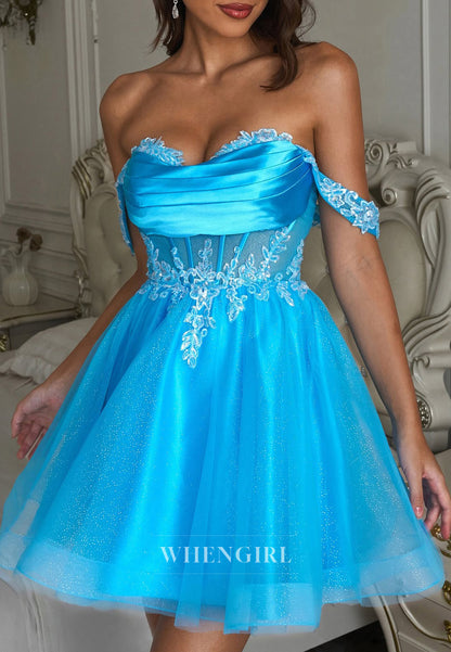 Ocean Blue Off Shoulder Pleated Appliqued Corset A-Line Short Homecoming Dress