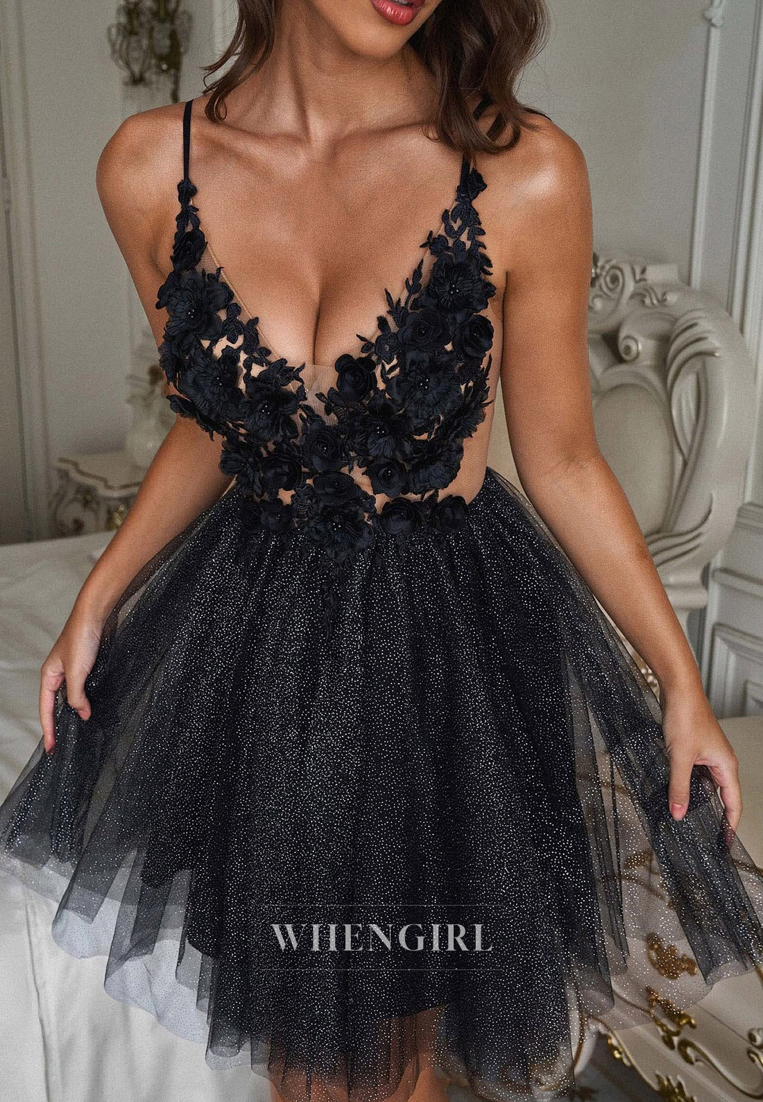 Black V Neck Sleeveless Spaghetti Straps Lace Top A-Line Short Homecoming Dress