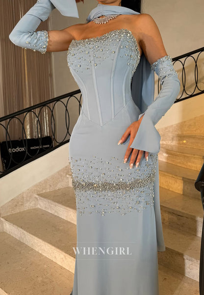 Sky Blue Sweetheart Strapless Beaded Formal Mermaid Evening Gown with Long Sleeves