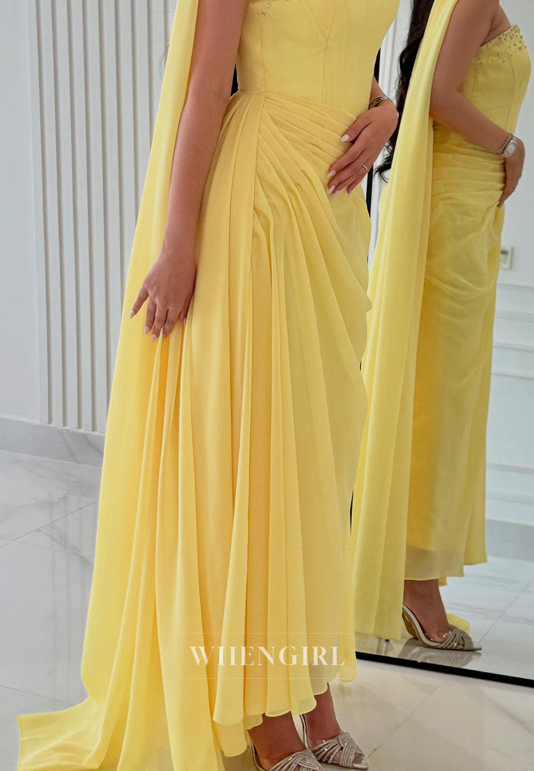 Daffodil Beaded Pleated Sleeveless Sheath Formal Evening with Scarf