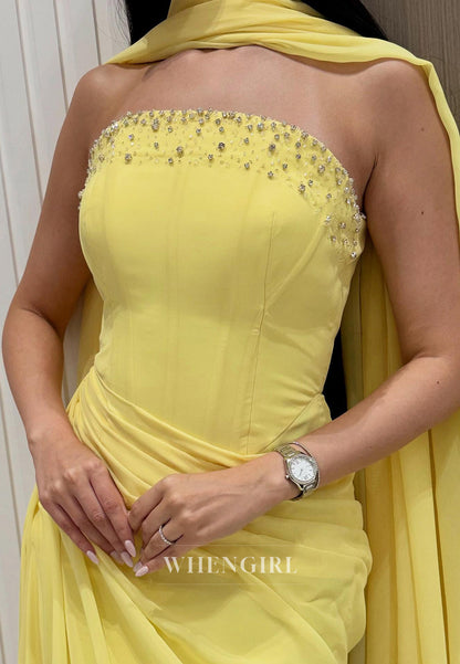Daffodil Beaded Pleated Sleeveless Sheath Formal Evening with Scarf
