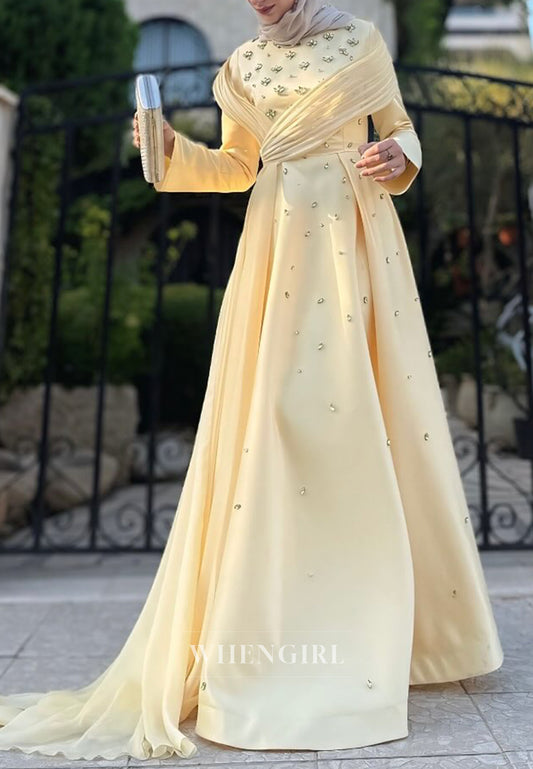Daffodil Long Sleeves Ruched Side Train Rhinestones Beading High Neck A-Line Formal Evening Dress