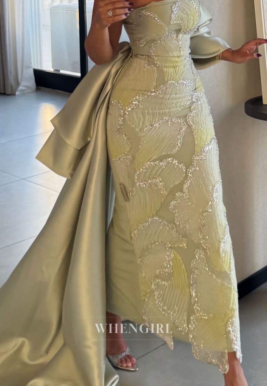 Dusty Sage Tube Top Sheath Sleeveless Floral Sweep Train Evening Formal Dress