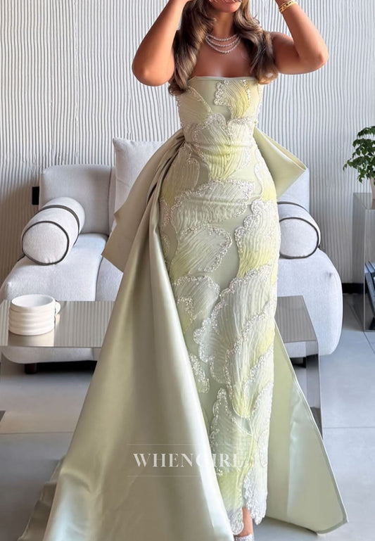 Dusty Sage Tube Top Sheath Sleeveless Floral Sweep Train Evening Formal Dress