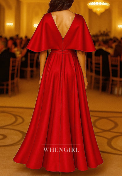 A-Line V Neck Half Sleeves Back Zipper Ankle Length Mother of the Bride Dress　