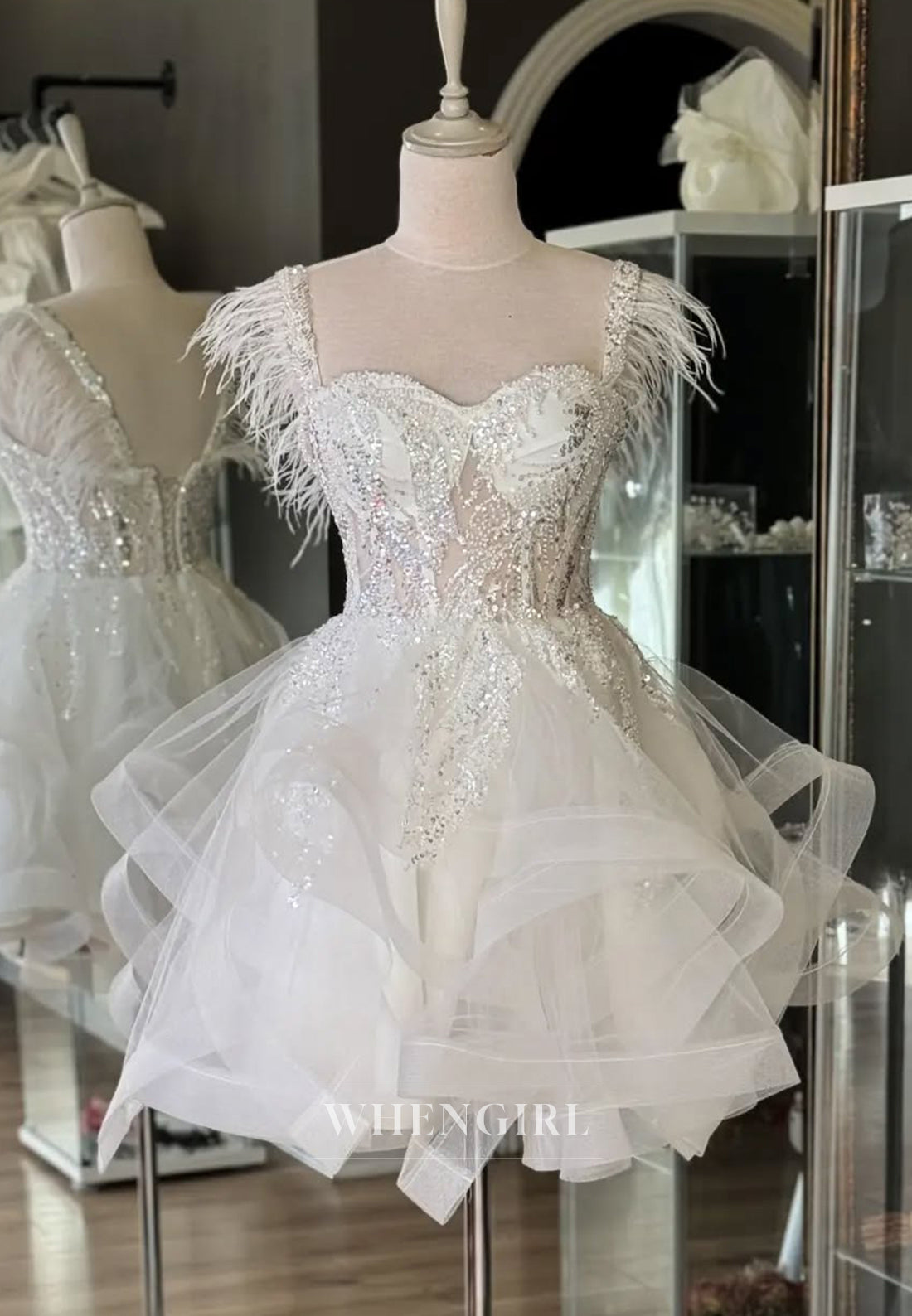 Chic Sweetheart Beaded Sleeveless Feather A-Line Short Homecoming Dress