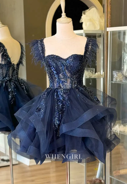 Chic Sweetheart Beaded Sleeveless Feather A-Line Short Homecoming Dress