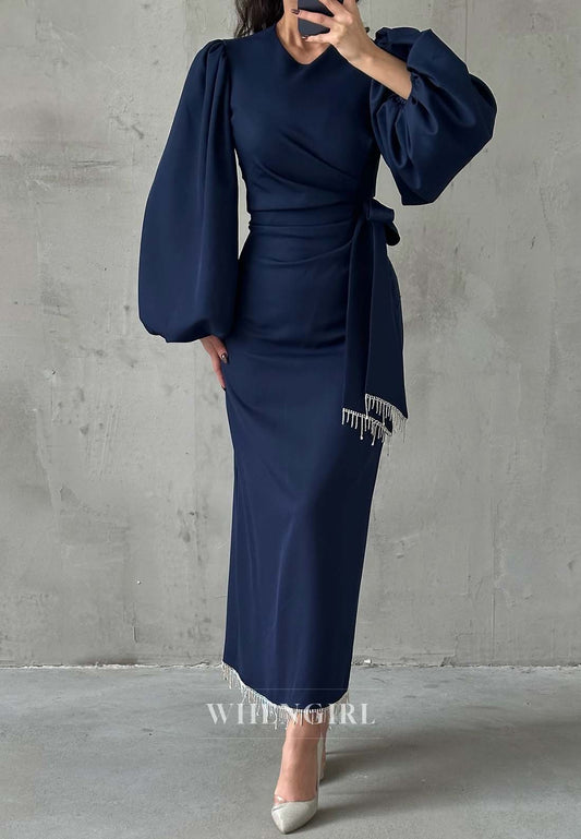 Sheath Long Puff Sleeves Tassel Floor Length Formal Dress V Neck Pleated Evening Gown