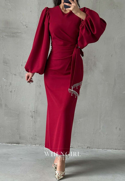Sheath Long Puff Sleeves Tassel Floor Length Formal Dress V Neck Pleated Evening Gown