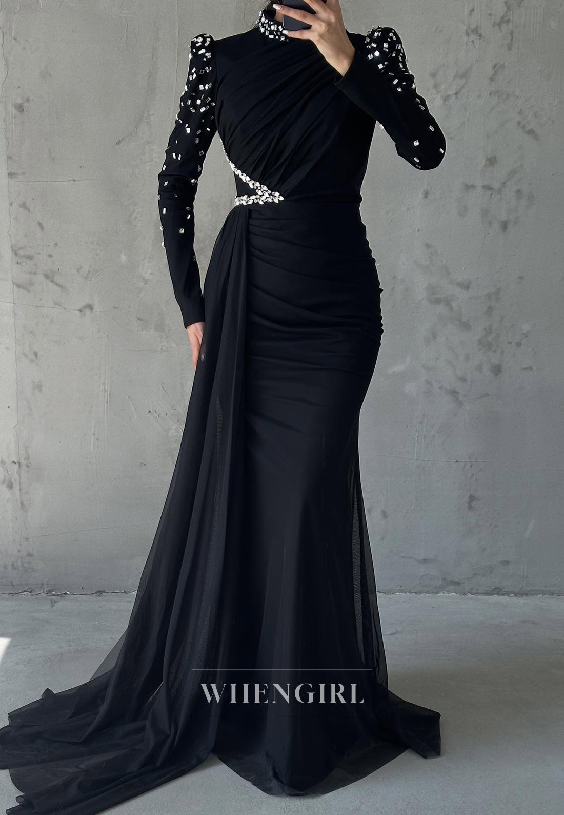 Sheath High Neck Beaded Long Sleeves Pleated Side Train Evening Formal Dress