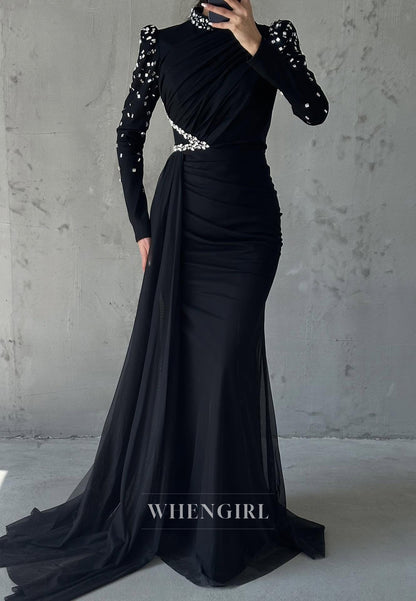 Sheath High Neck Beaded Long Sleeves Pleated Side Train Evening Formal Dress
