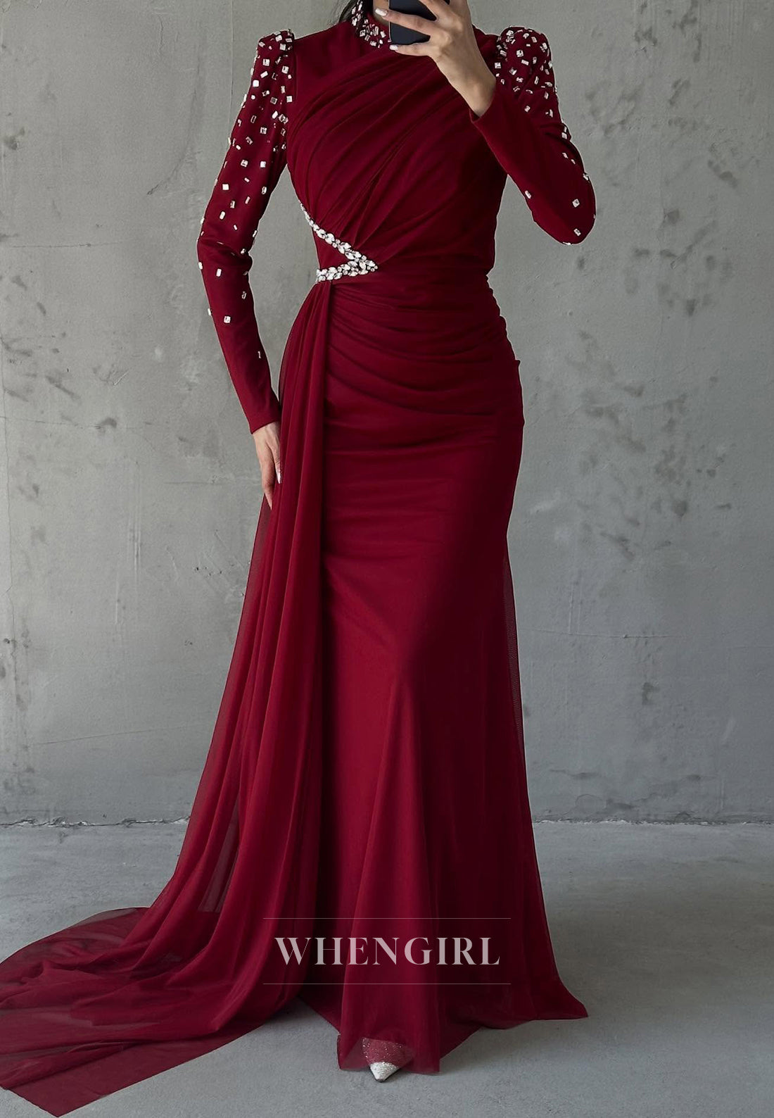 Sheath High Neck Beaded Long Sleeves Pleated Side Train Evening Formal Dress