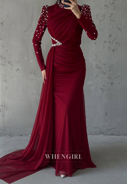 Sheath High Neck Beaded Long Sleeves Pleated Side Train Evening Formal Dress