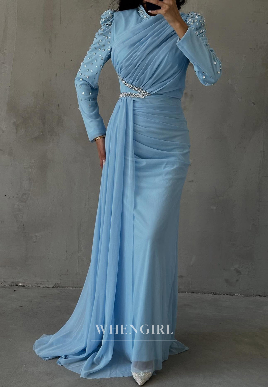 Sheath High Neck Beaded Long Sleeves Pleated Side Train Evening Formal Dress