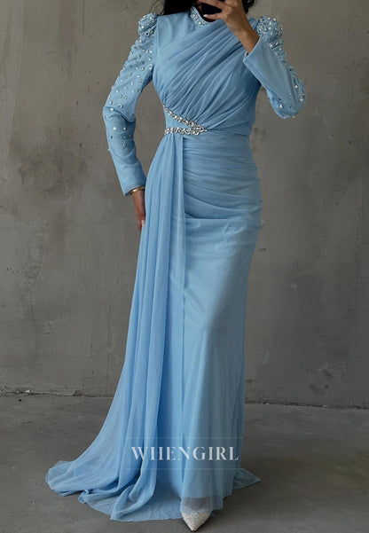 Sheath High Neck Beaded Long Sleeves Pleated Side Train Evening Formal Dress