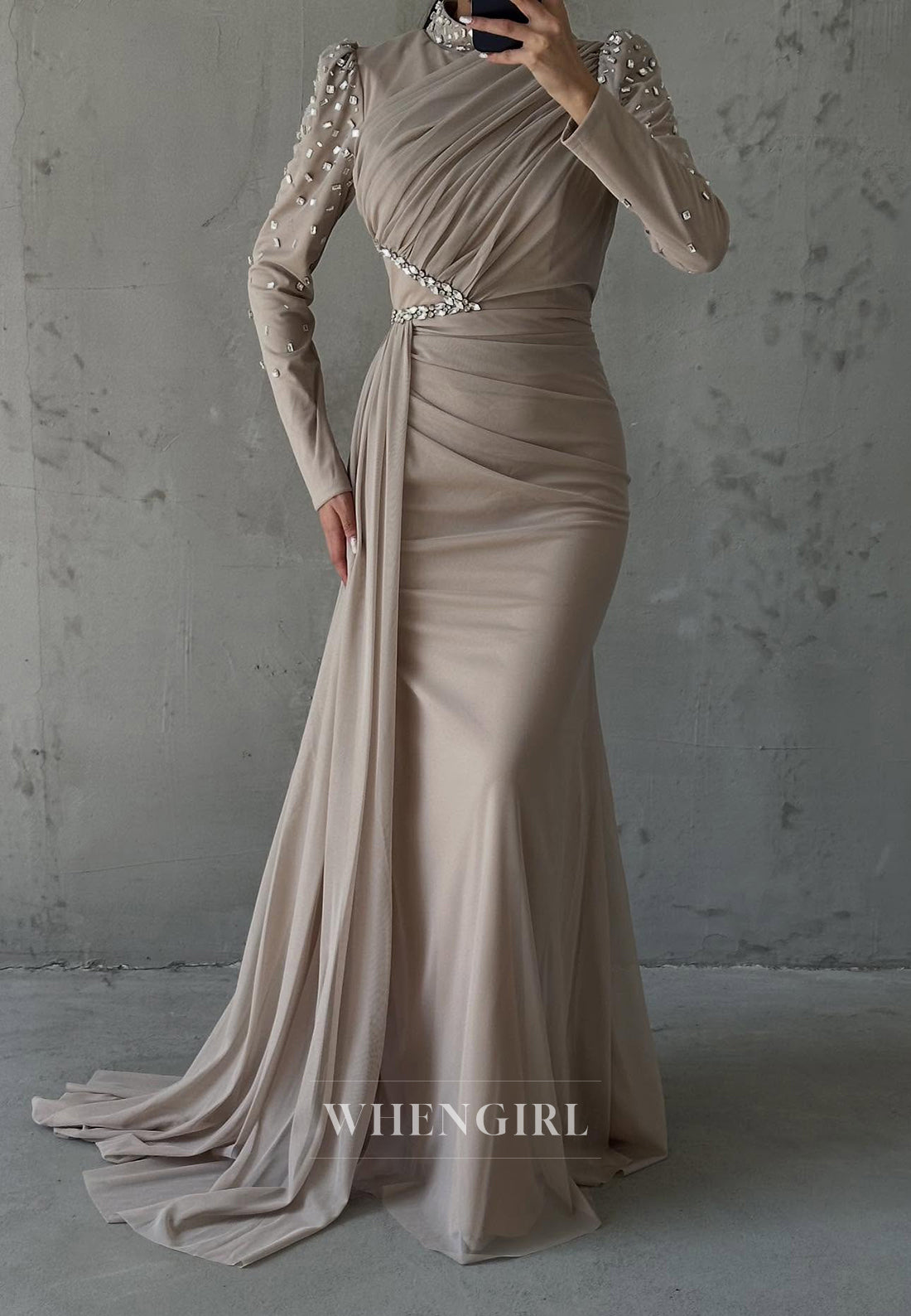 Sheath High Neck Beaded Long Sleeves Pleated Side Train Evening Formal Dress