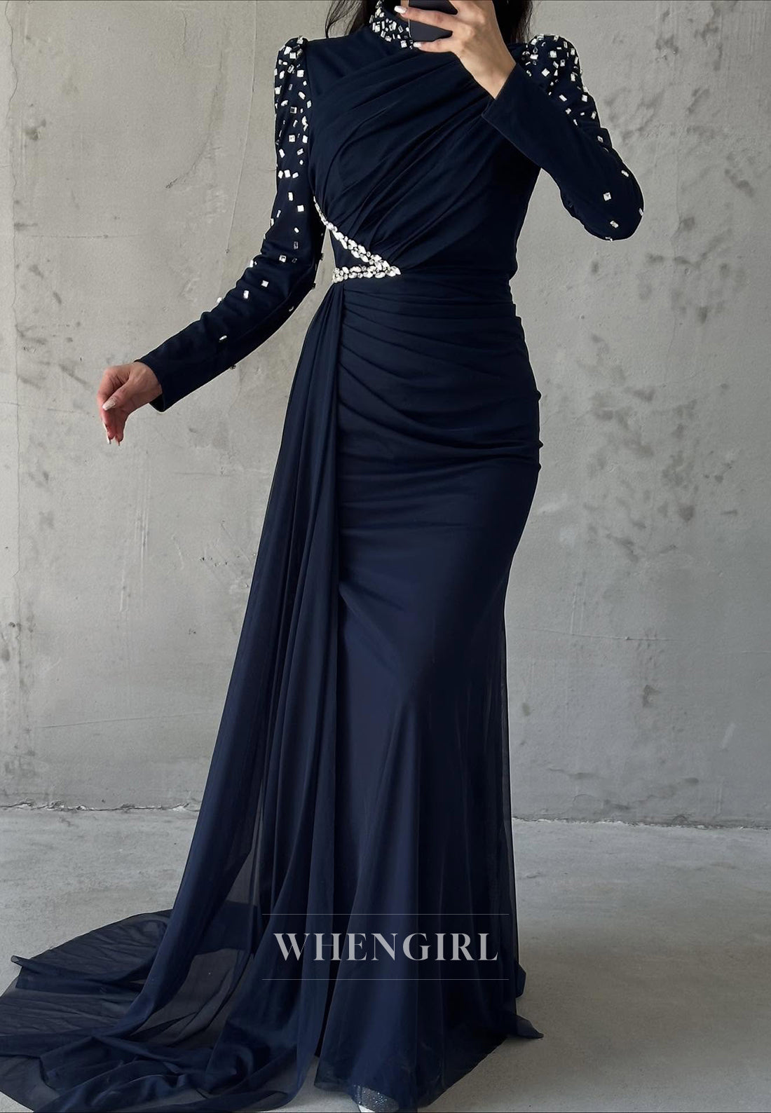 Sheath High Neck Beaded Long Sleeves Pleated Side Train Evening Formal Dress