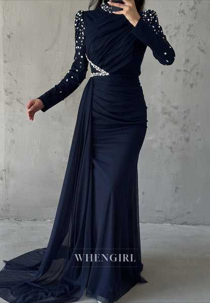 Sheath High Neck Beaded Long Sleeves Pleated Side Train Evening Formal Dress