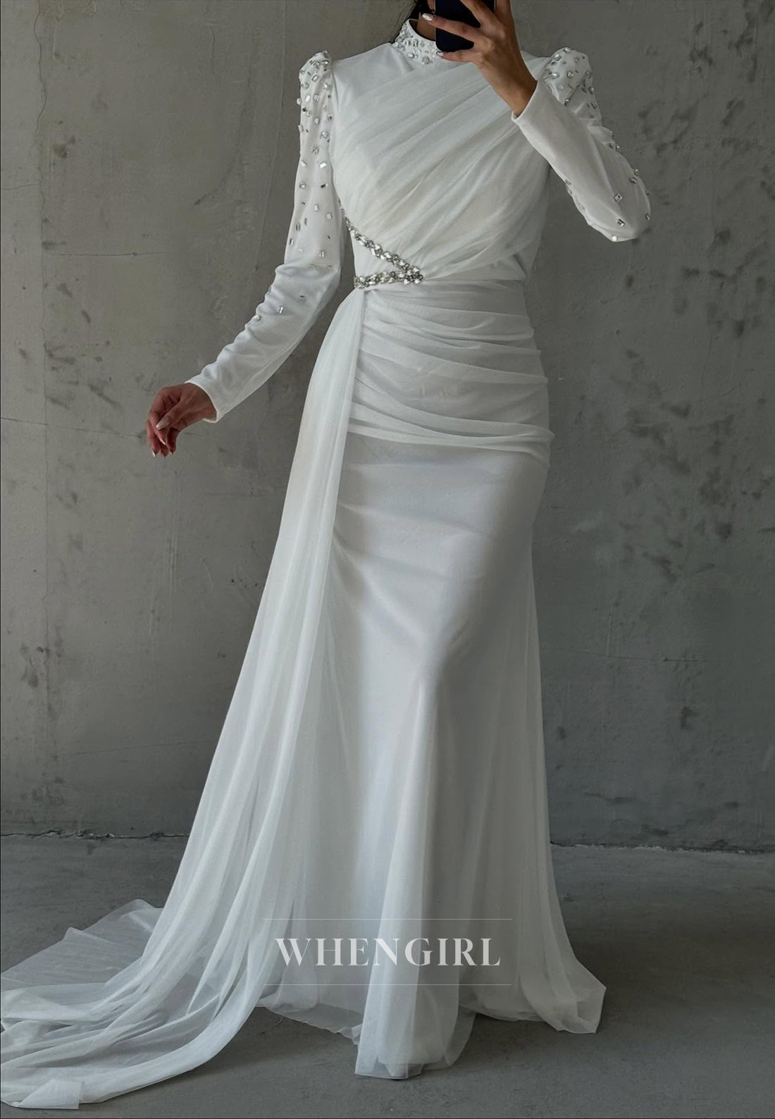 Sheath High Neck Beaded Long Sleeves Pleated Side Train Evening Formal Dress