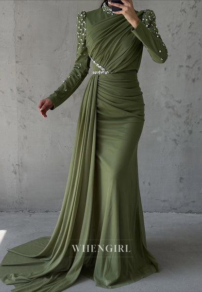 Sheath High Neck Beaded Long Sleeves Pleated Side Train Evening Formal Dress