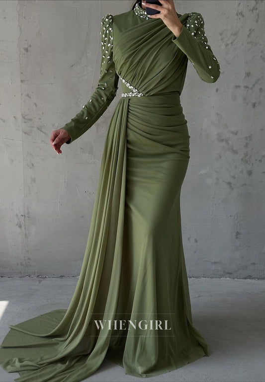 Sheath High Neck Beaded Long Sleeves Pleated Side Train Evening Formal Dress