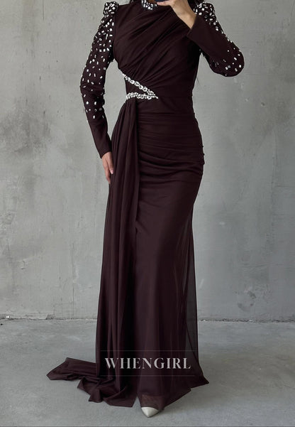 Sheath High Neck Beaded Long Sleeves Pleated Side Train Evening Formal Dress