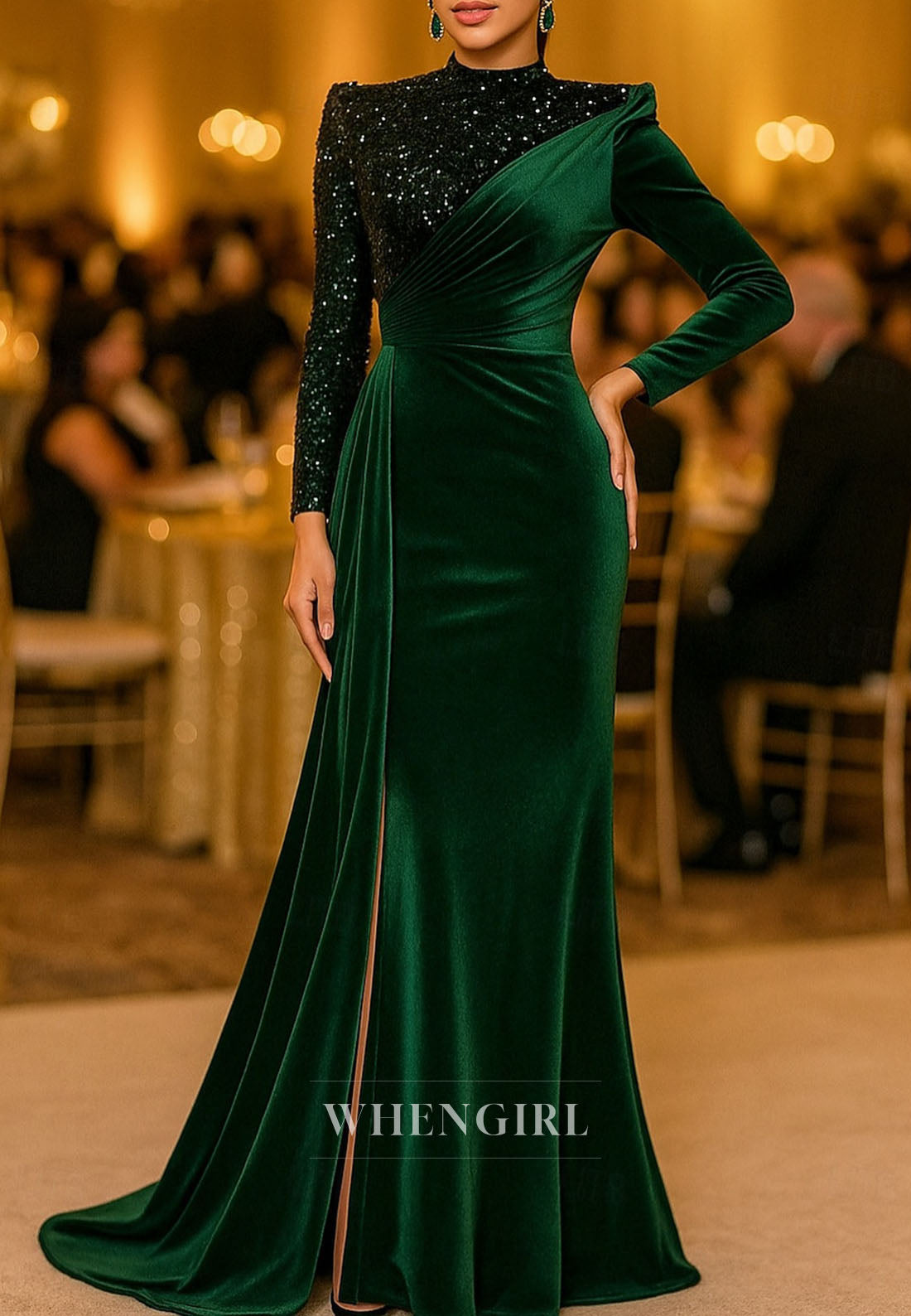 Mermaid Long Sleeves High Neck Side Slit Pleated Beaded Mother of the Bride Dress Evening Gown