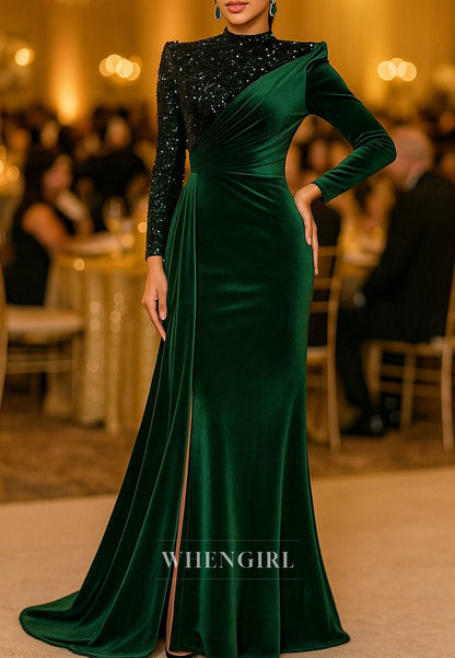 Mermaid Long Sleeves High Neck Side Slit Pleated Beaded Mother of the Bride Dress Evening Gown