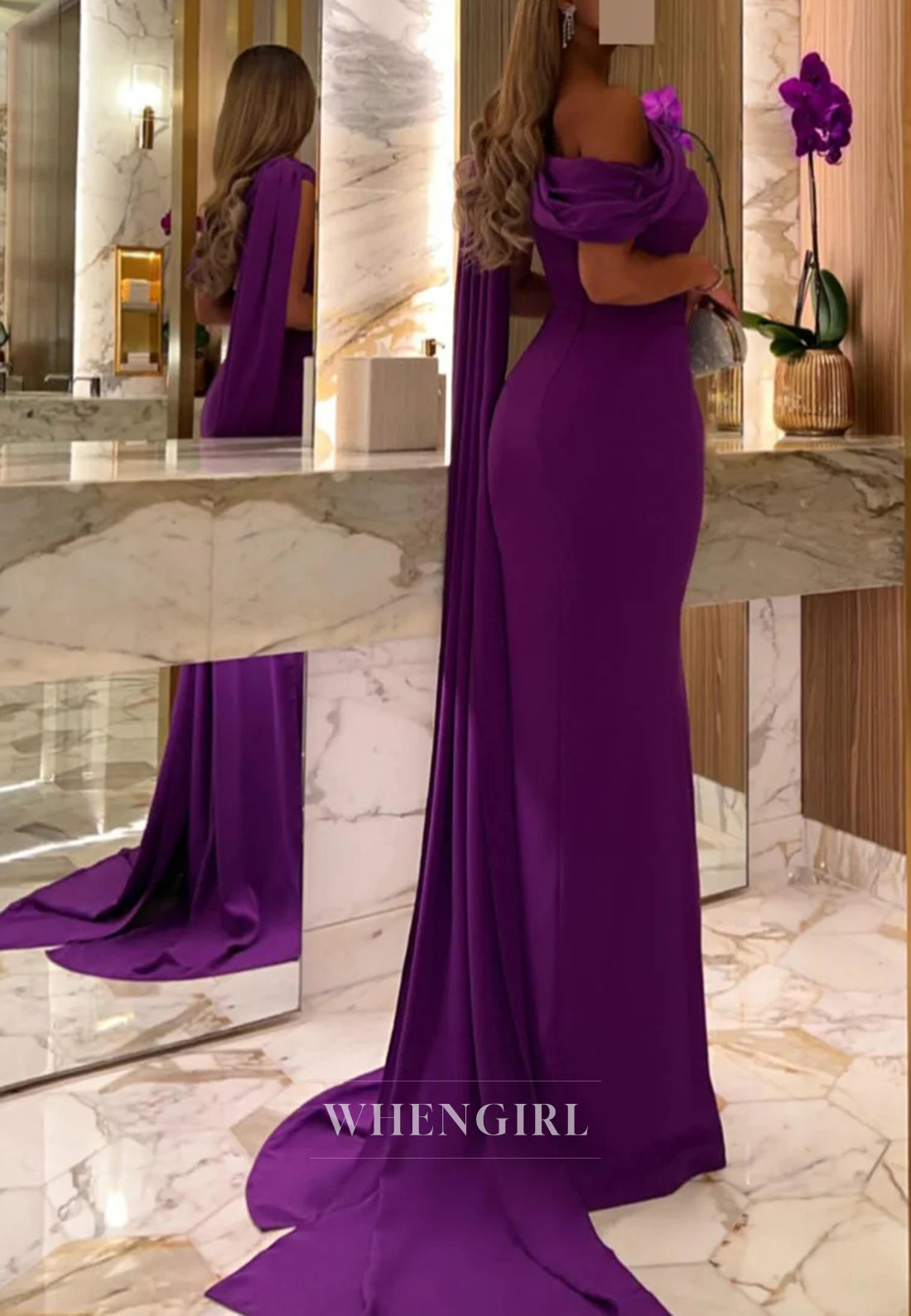 Orchid Asymmetrical Neck Sleeveless Sheath Evening Dress Sweep Train Formal Gown