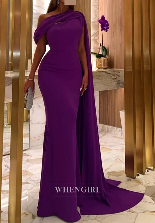 Orchid Asymmetrical Neck Sleeveless Sheath Evening Dress Sweep Train Formal Gown