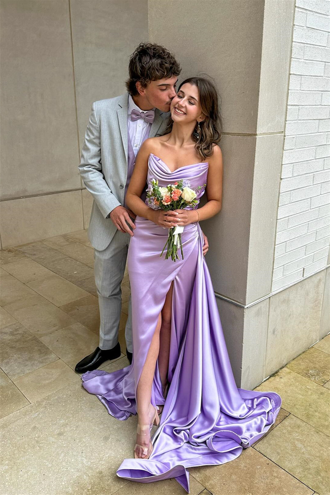 Lilac Prom Dress Strapless Ruched Fitted Formal Gown with Train