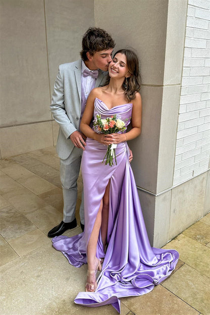 Lilac Prom Dress Strapless Ruched Fitted Formal Gown with Train
