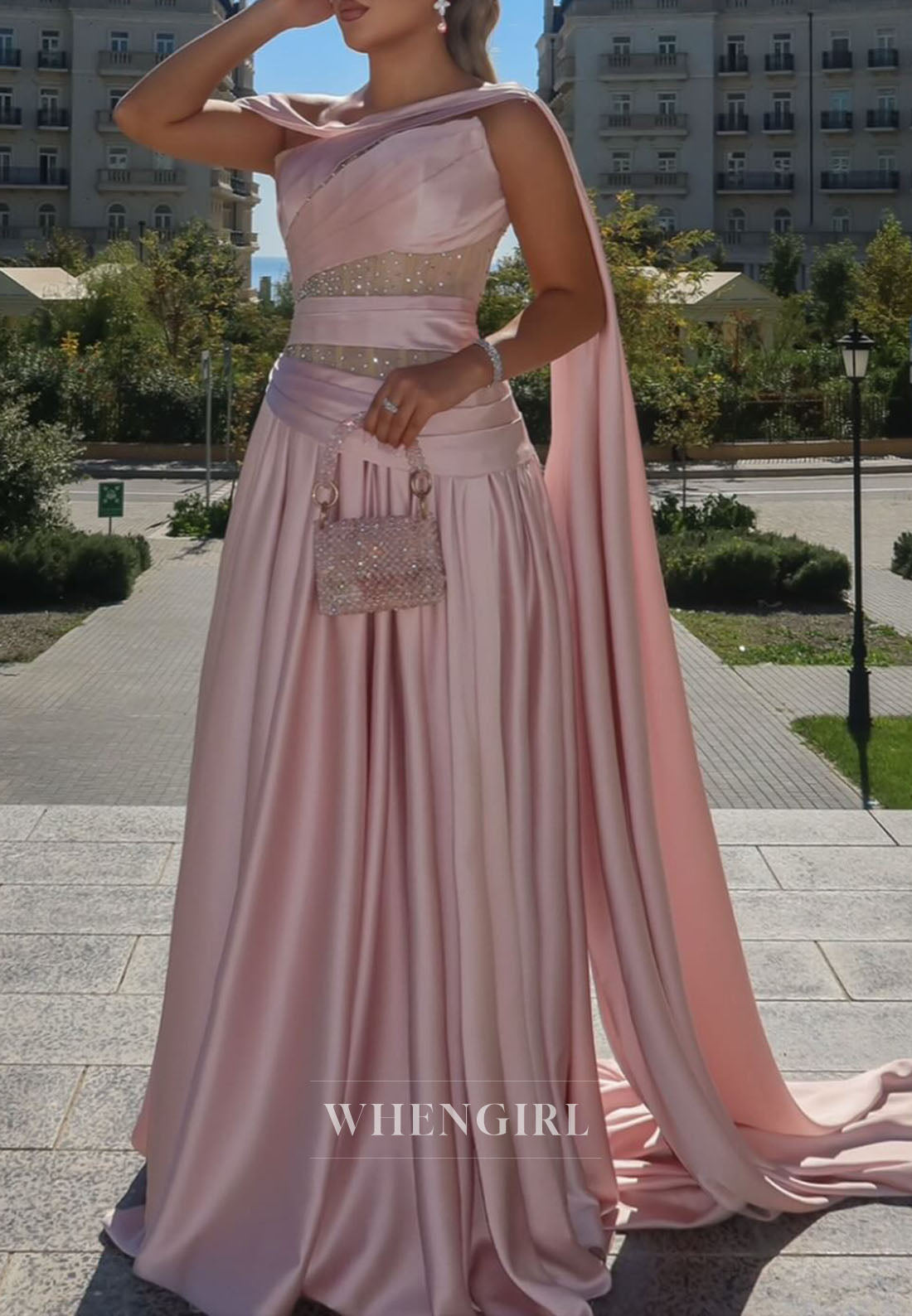 Pink Off Shoulder Ruched Beaded A-Line Floor Length Evening Formal Dress