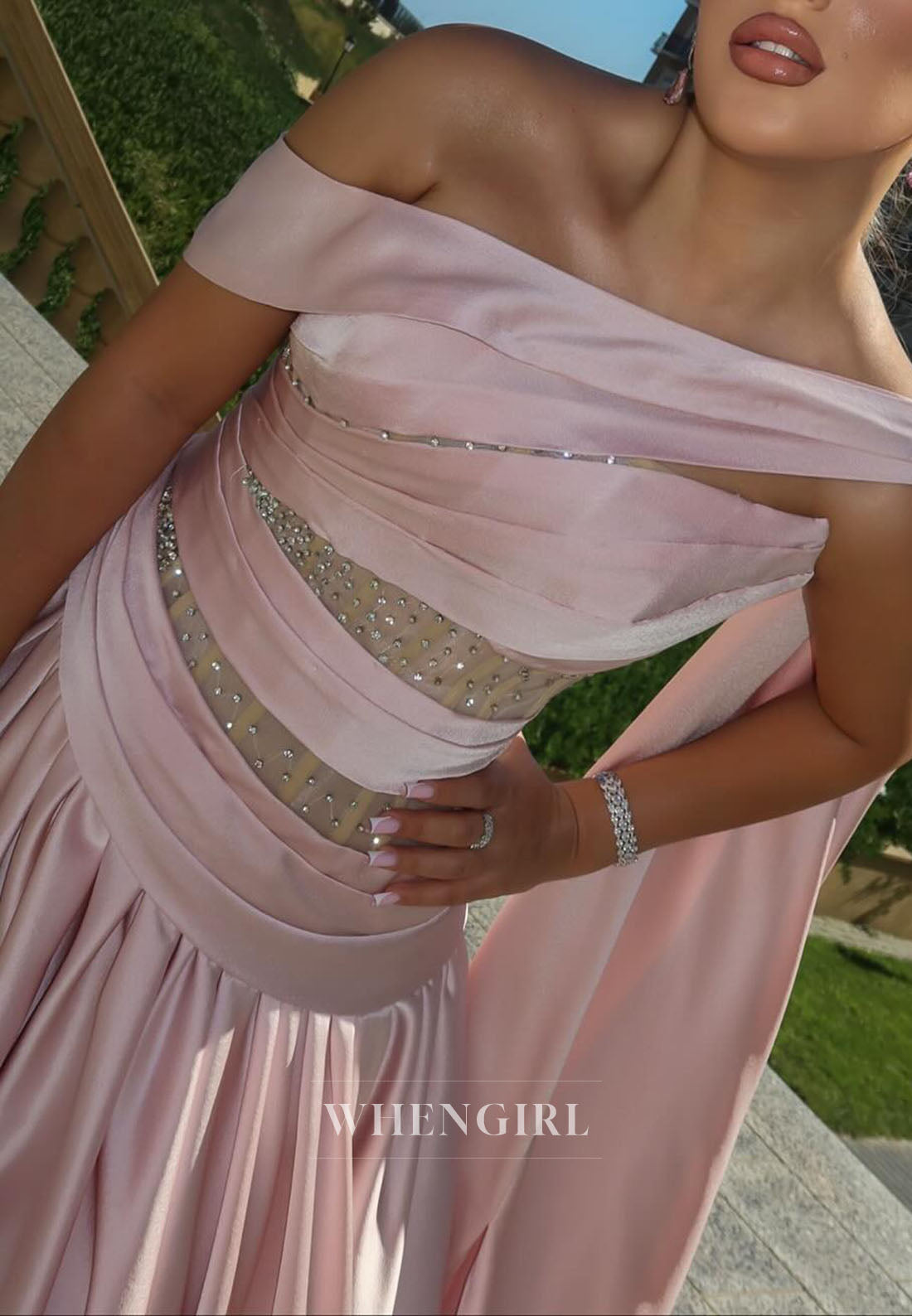 Pink Off Shoulder Ruched Beaded A-Line Floor Length Evening Formal Dress