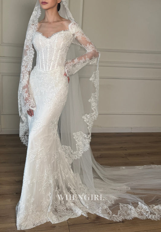 Sheath Sweetheart Long Sleeves Beaded Lace Wedding Dress with Sweep Train