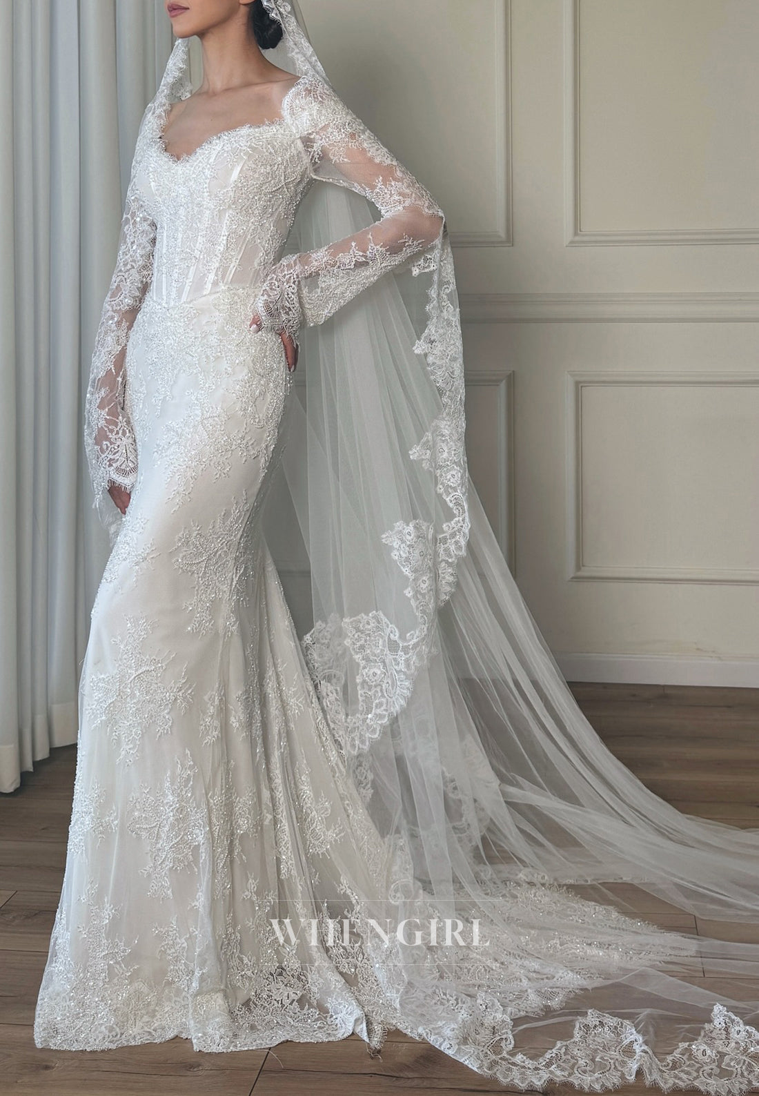 Sheath Sweetheart Long Sleeves Beaded Lace Wedding Dress with Sweep Train