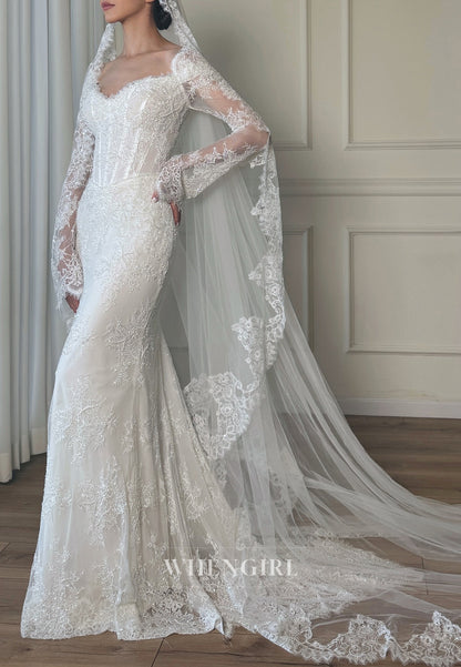 Sheath Sweetheart Long Sleeves Beaded Lace Wedding Dress with Sweep Train