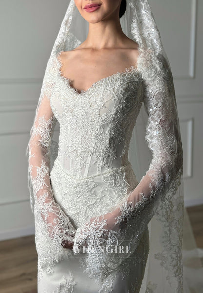 Sheath Sweetheart Long Sleeves Beaded Lace Wedding Dress with Sweep Train