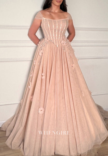 A-Line Bateau Neck Cap Sleeves Beaded Flowers Wedding Dress
