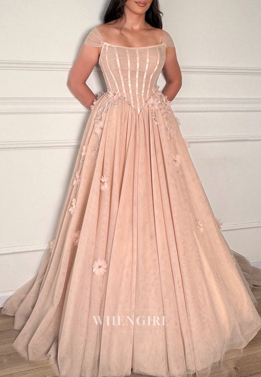 A-Line Bateau Neck Cap Sleeves Beaded Flowers Wedding Dress