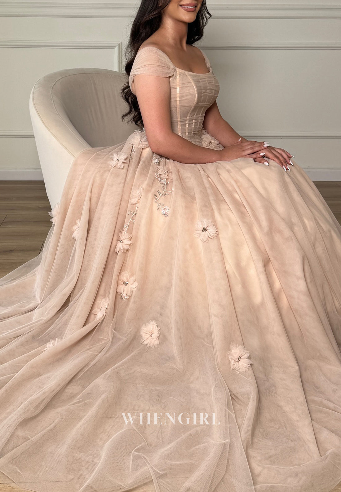 A-Line Bateau Neck Cap Sleeves Beaded Flowers Wedding Dress