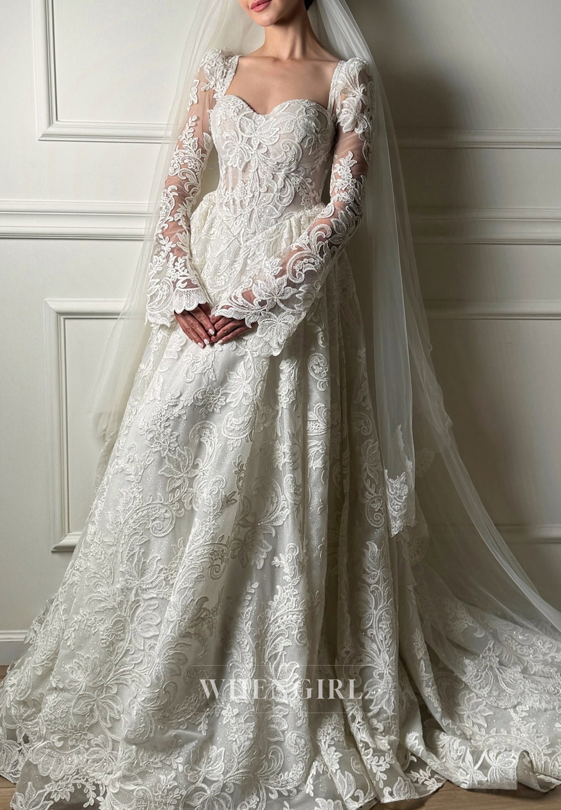 A-Line Lace Sweetheart Long Sleeves Sweep Train Wedding Dress