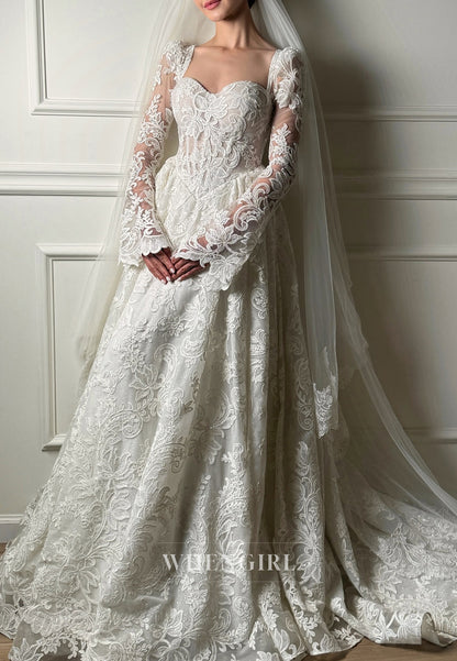 A-Line Lace Sweetheart Long Sleeves Sweep Train Wedding Dress